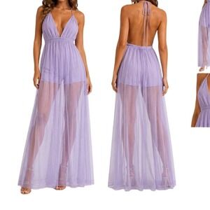 Lucy in the Sky Lavender Mesh Sheer Maxi Romper Dress Purple V-Neck Medium